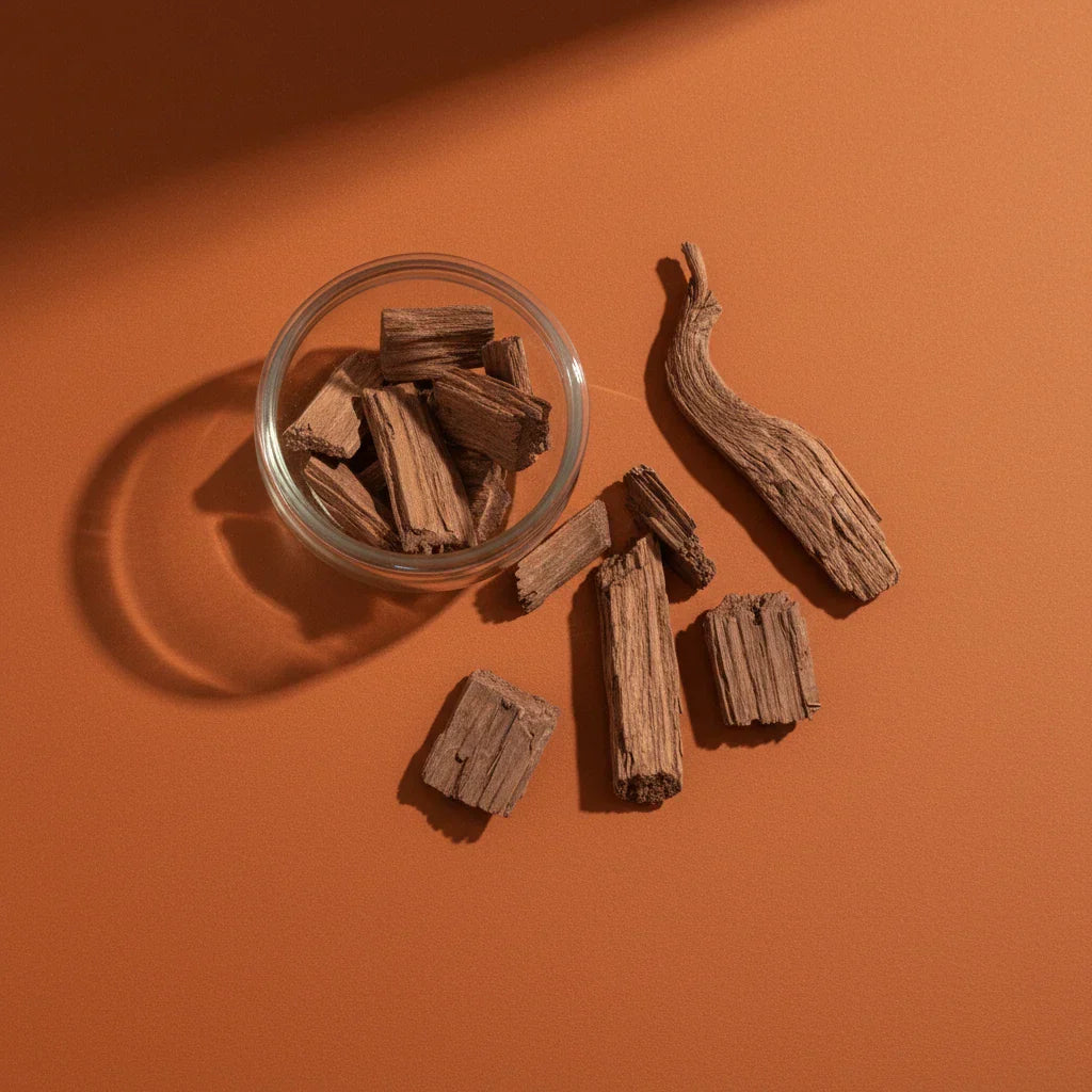 Cedarwood pieces on a clean orange surface — cedarwood fragrance note spotlight
