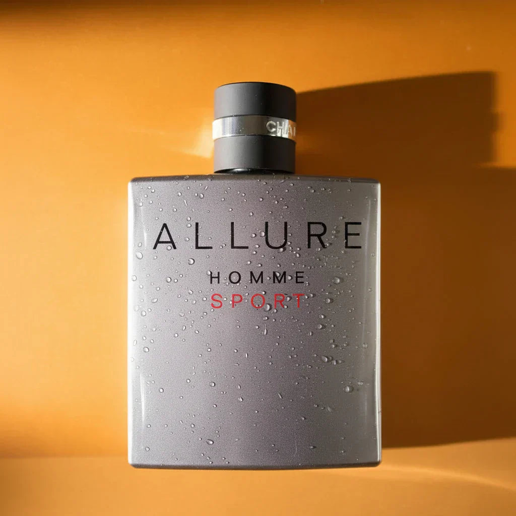Chanel Allure Homme Sport Eau de Toilette bottle on an orange background — fragrance review