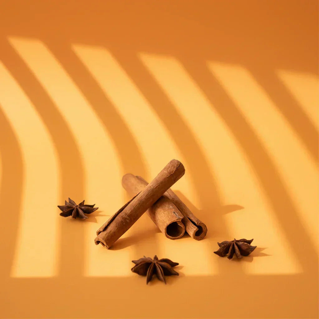 Cinnamon sticks and star anise on a warm orange background with shadow patterns