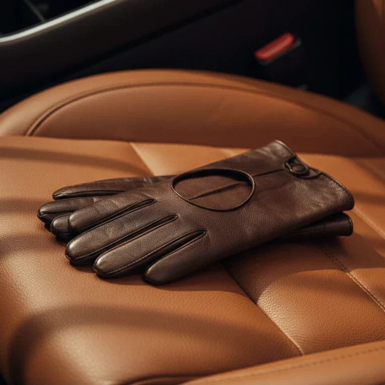 Pair of brown leather gloves resting on a leather car seat