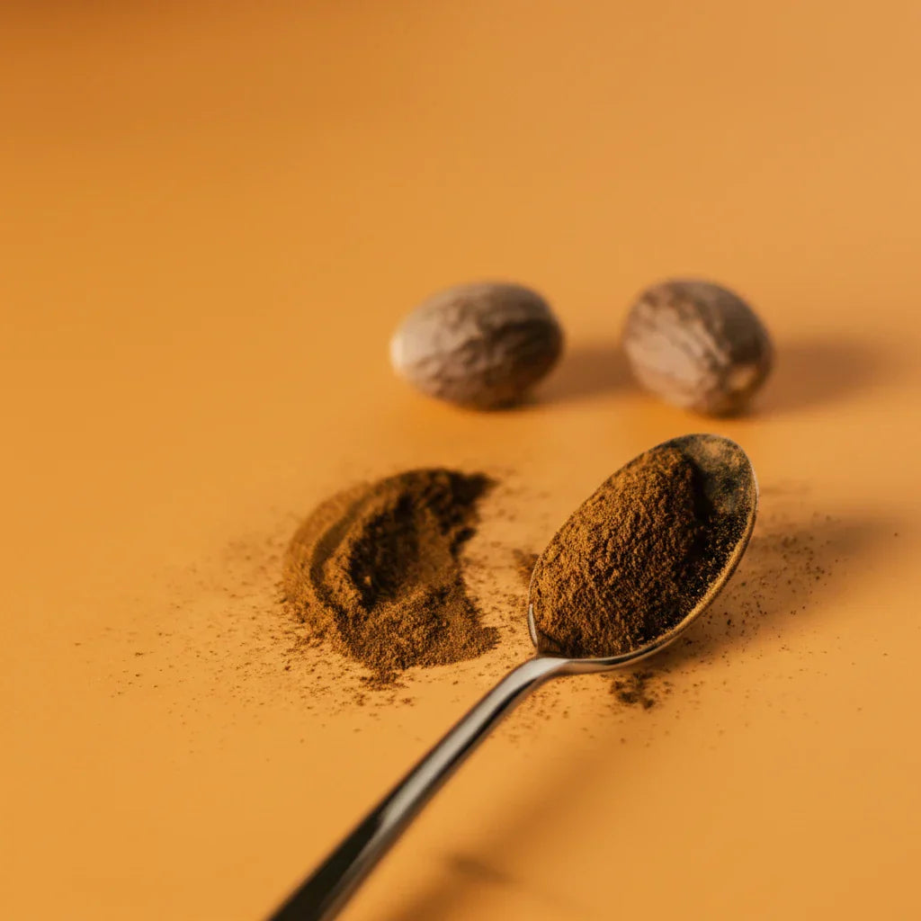 Spoon with ground nutmeg and whole nutmegs on a warm orange background