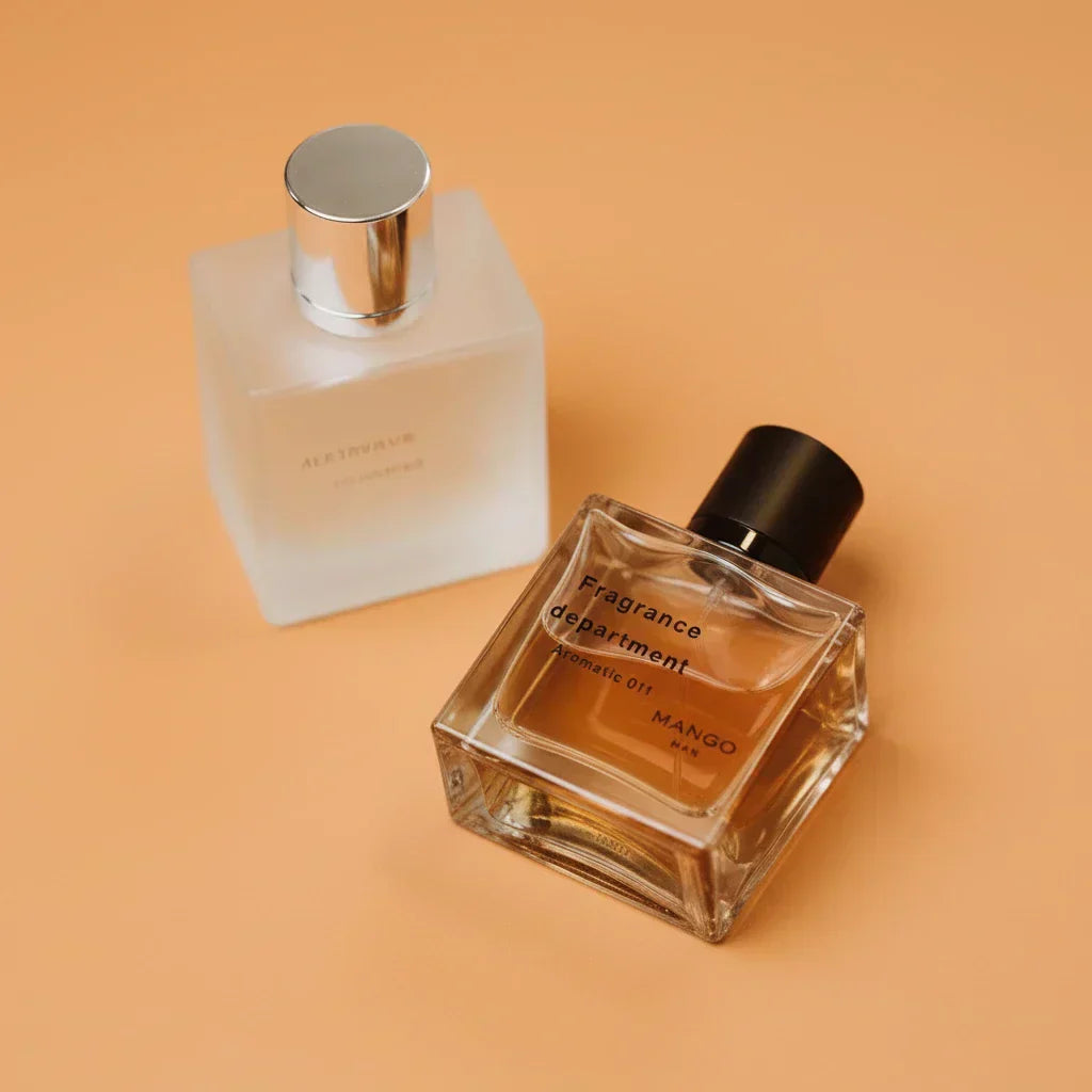 Two fragrance bottles arranged on a peach background, representing the art of layering scents