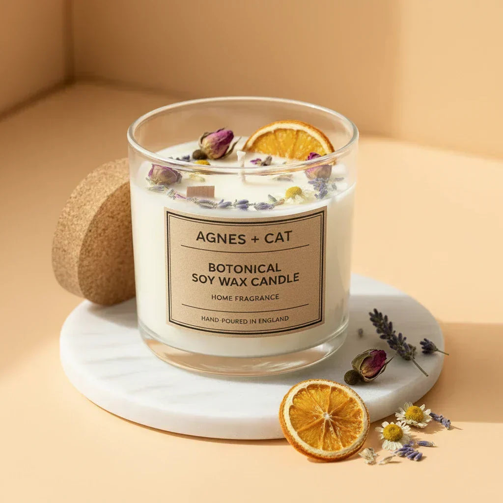Agnes Cat botanical soy wax candles arranged on a surface, illustrating proper candle care