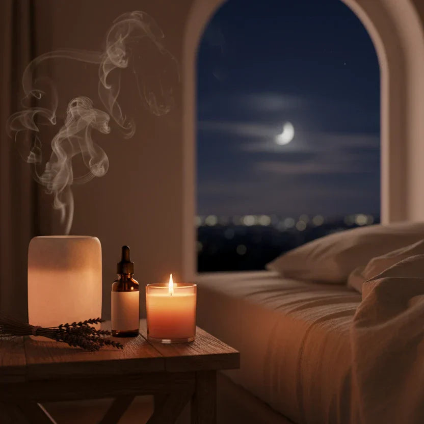 Atmospheric nighttime bedroom scene with essential oils and diffuser for deep sleep aromatherapy