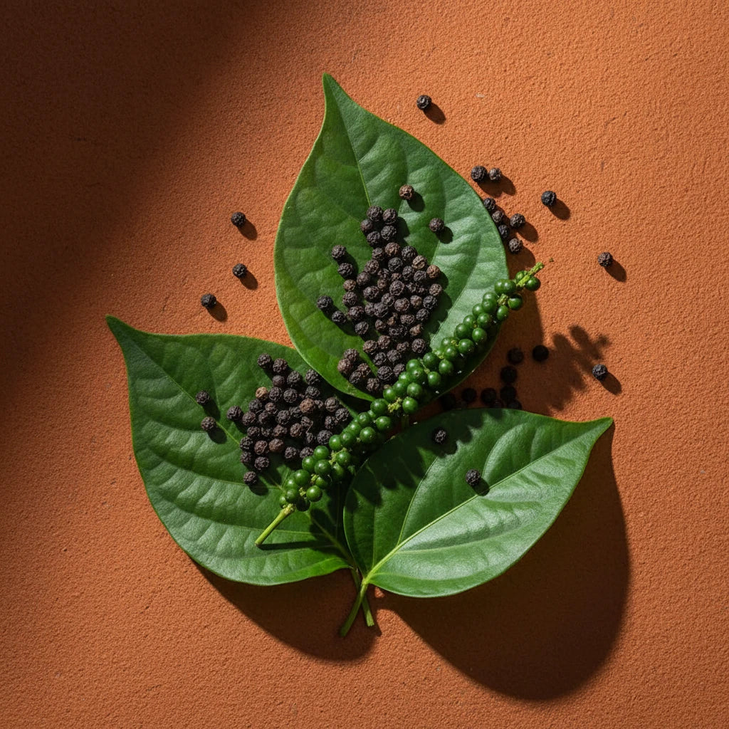 Black peppercorns on an orange background — black pepper fragrance note spotlight