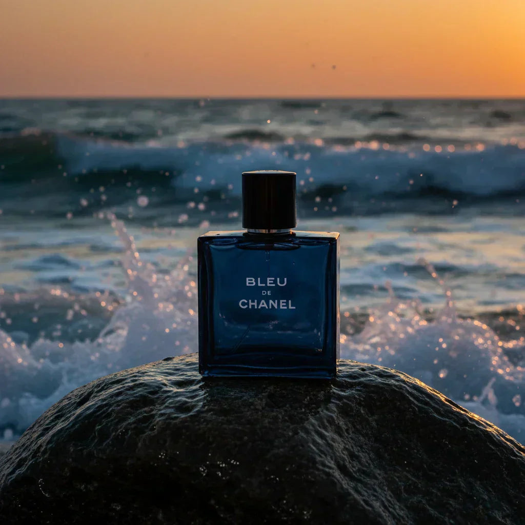 Bleu de Chanel bottle against ocean sky backdrop