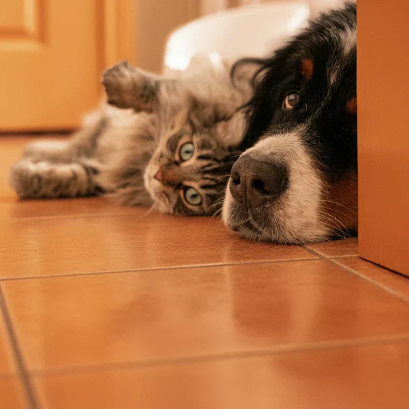 Cat and dog together in a warm home interior — pet-safe home fragrance guide for dogs, cats and birds