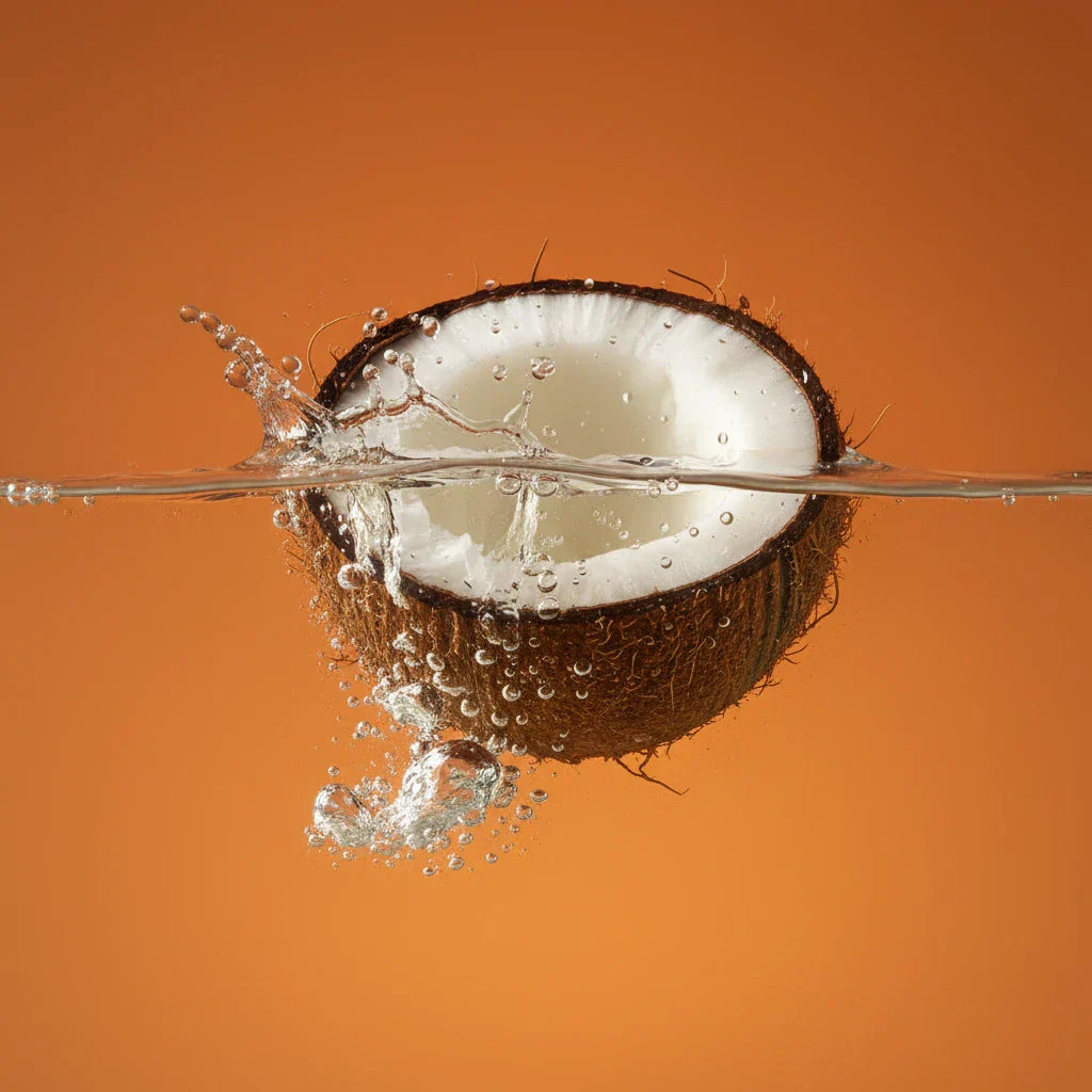 Coconut half submerged at the waterline on an orange background — coconut fragrance note spotlight
