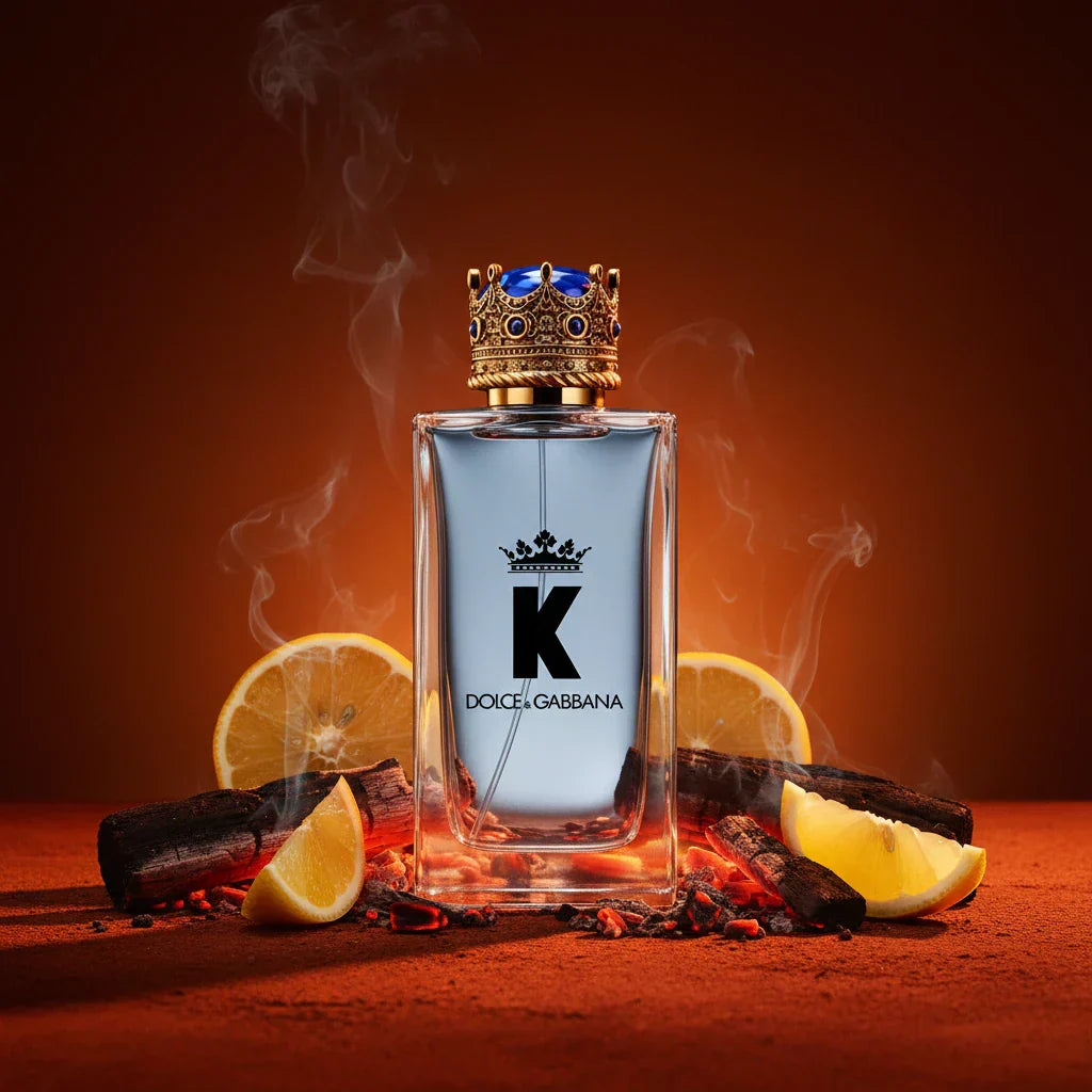 Dolce & Gabbana K bottle on embers with citrus orange surface