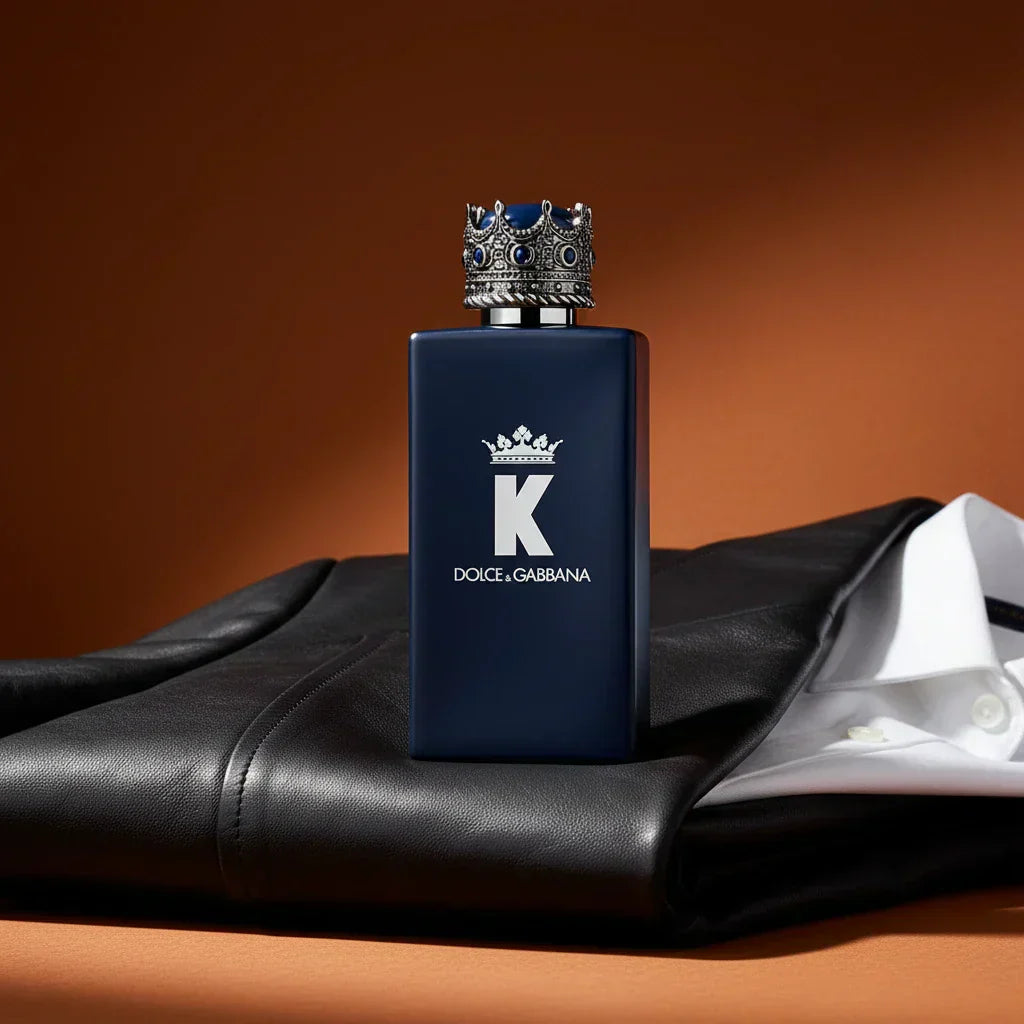 Dolce & Gabbana K Parfum bottle on leather and linen surface