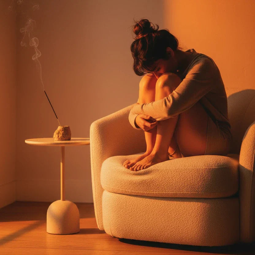 Editorial figure sitting quietly with incense on side table — aromatherapy for grief and emotional healing