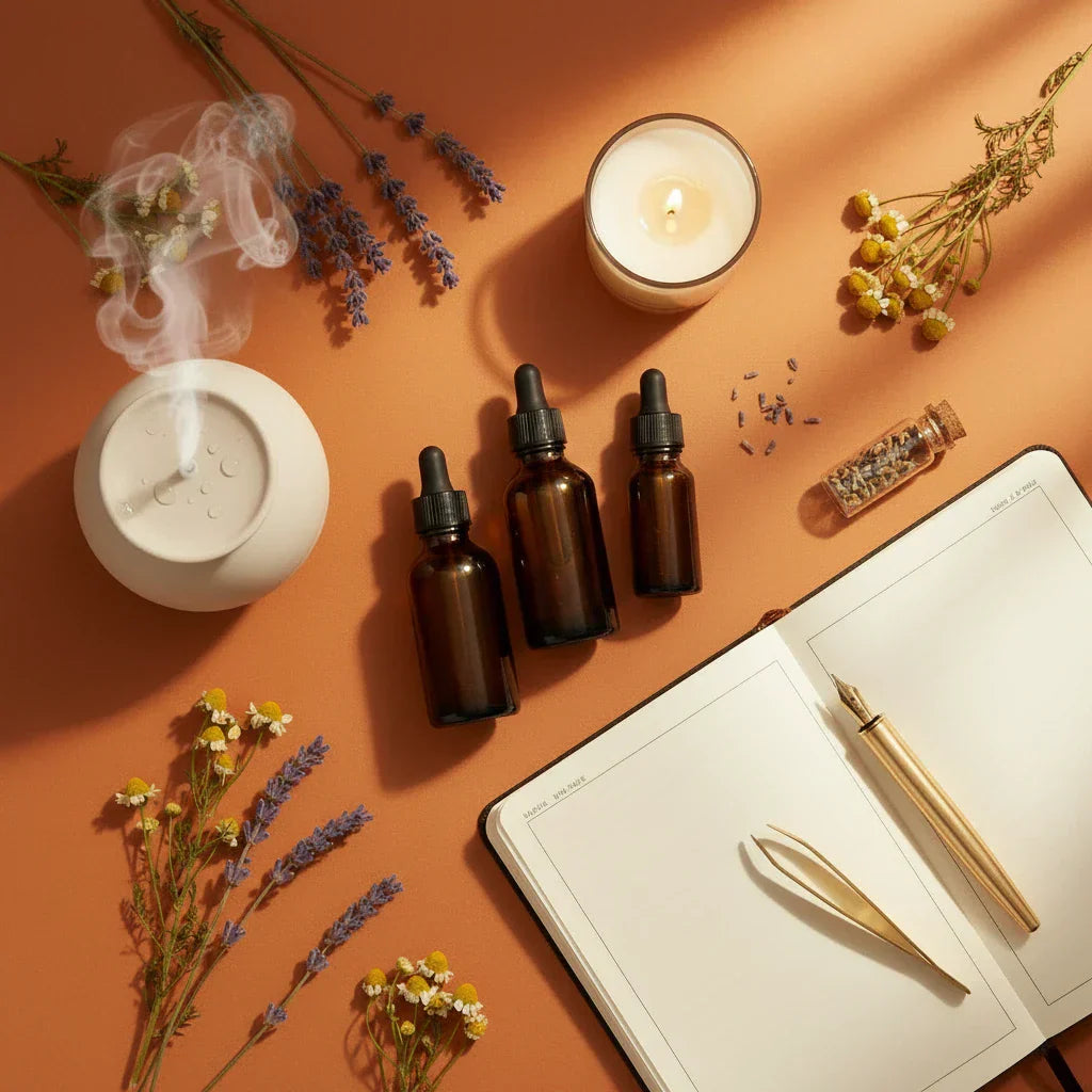 Flat lay of calming essential oils and aromatherapy tools for anxiety and stress relief