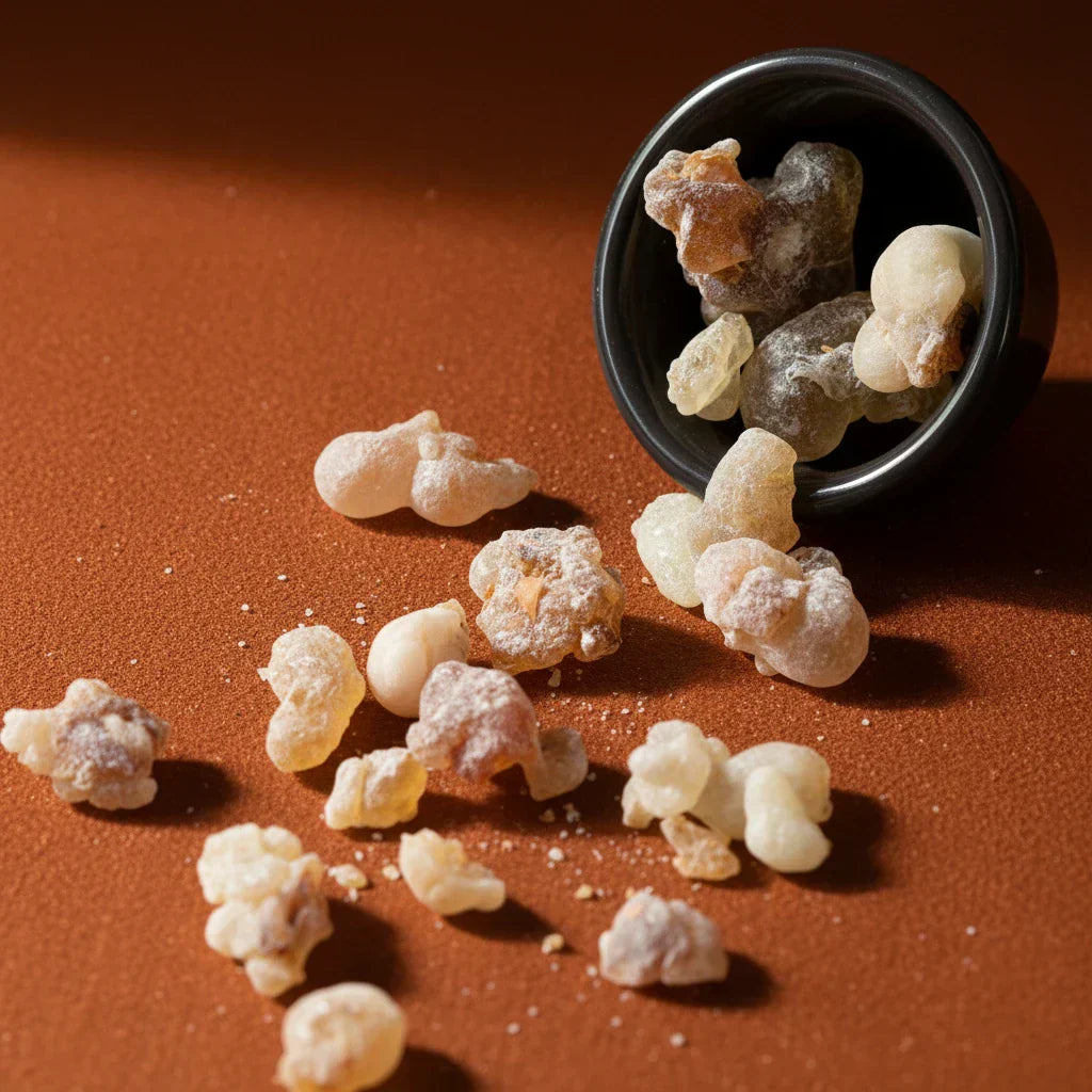 Frankincense resin tears in a bowl on an orange surface — frankincense fragrance note spotlight