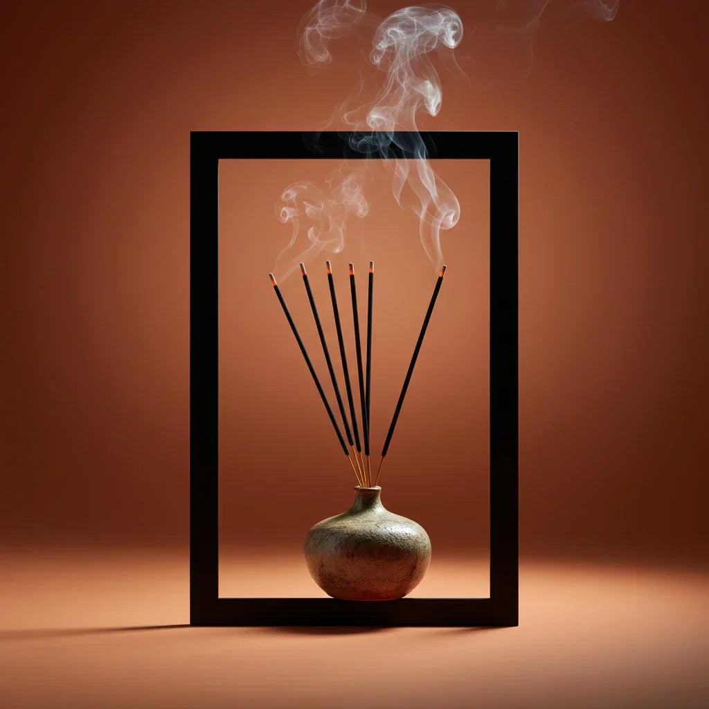 Incense burning indoors with a soft smoke trail, illustrating safe and mindful incense use