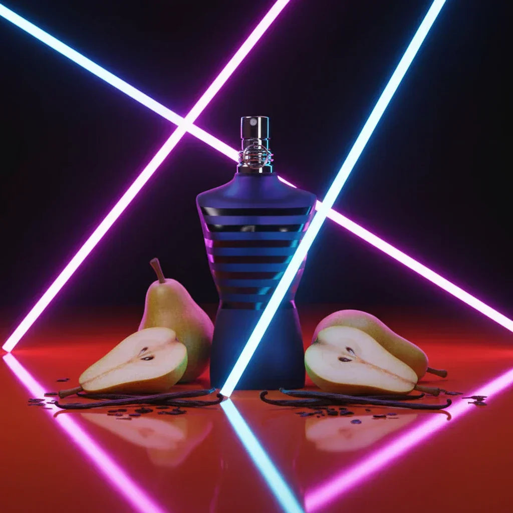 Jean Paul Gaultier Ultra Male bottle on neon night orange surface