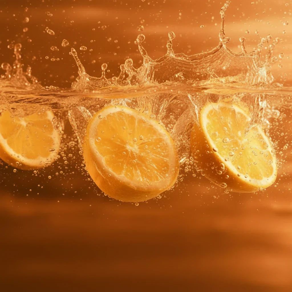 Lemon slices submerged underwater on an orange background — lemon fragrance note spotlight