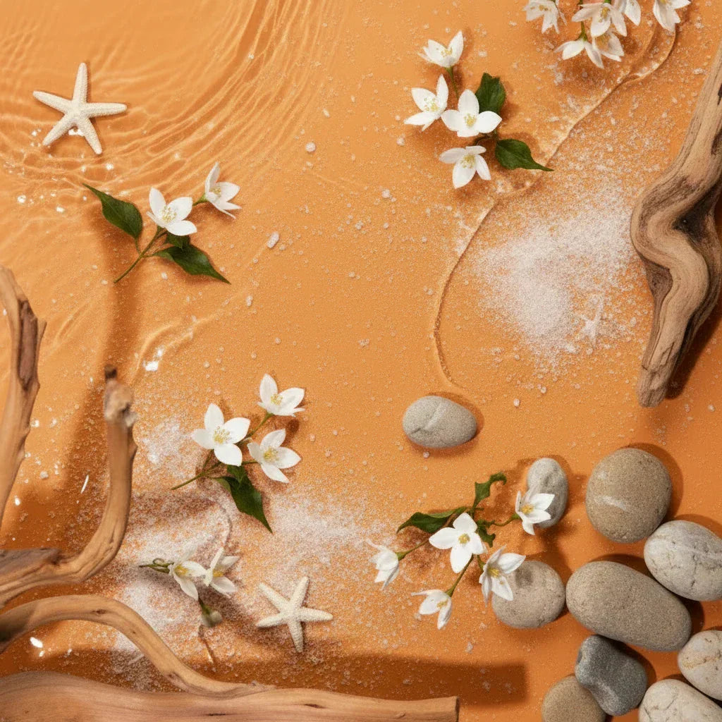 Coastal flat lay with marine fragrance elements on a neutral background — aquatic and marine fragrance notes