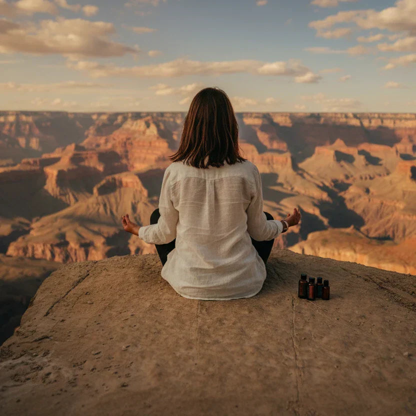Person meditating outdoors at canyon with essential oils and warm orange horizon — aromatherapy for meditation