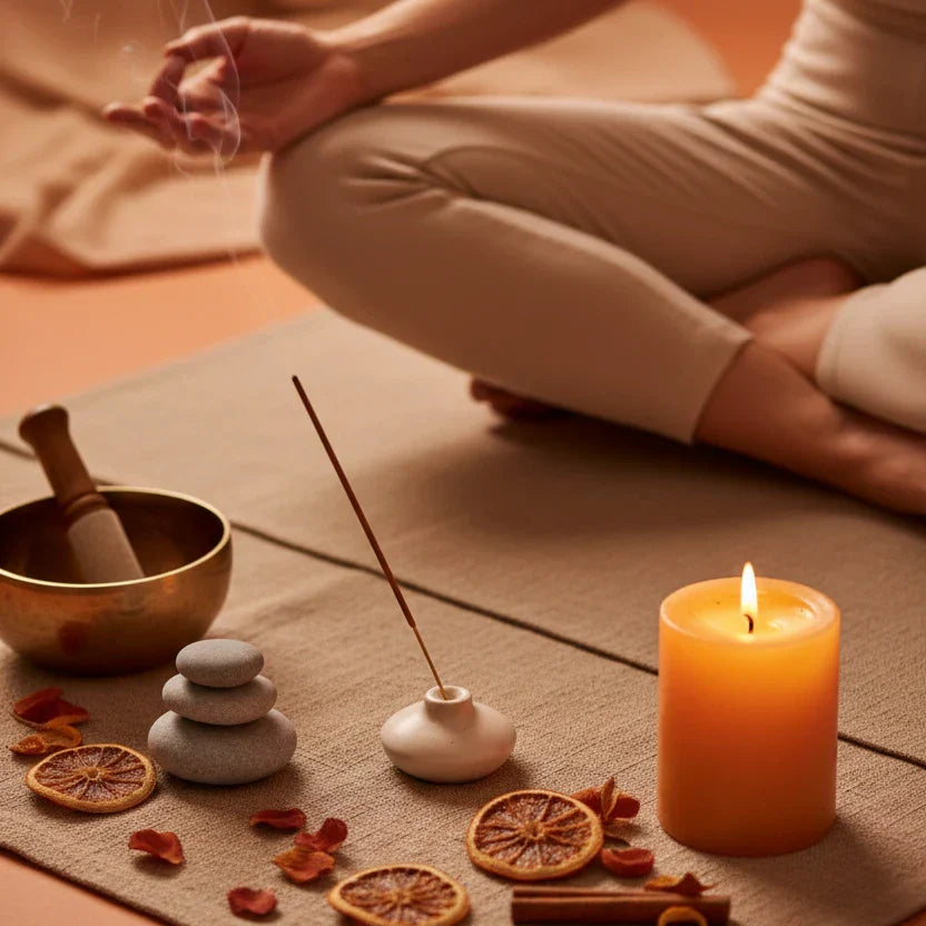 Woman meditating with incense, mat and wellness elements — essential oils for women's hormonal health
