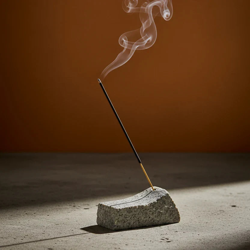 Minimalist editorial flat lay of incense stick burning with smoke — incense types guide