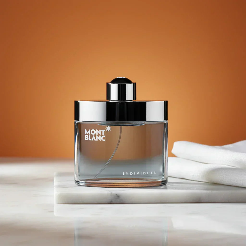 Mont Blanc Individuel bottle on marble with linen fabric