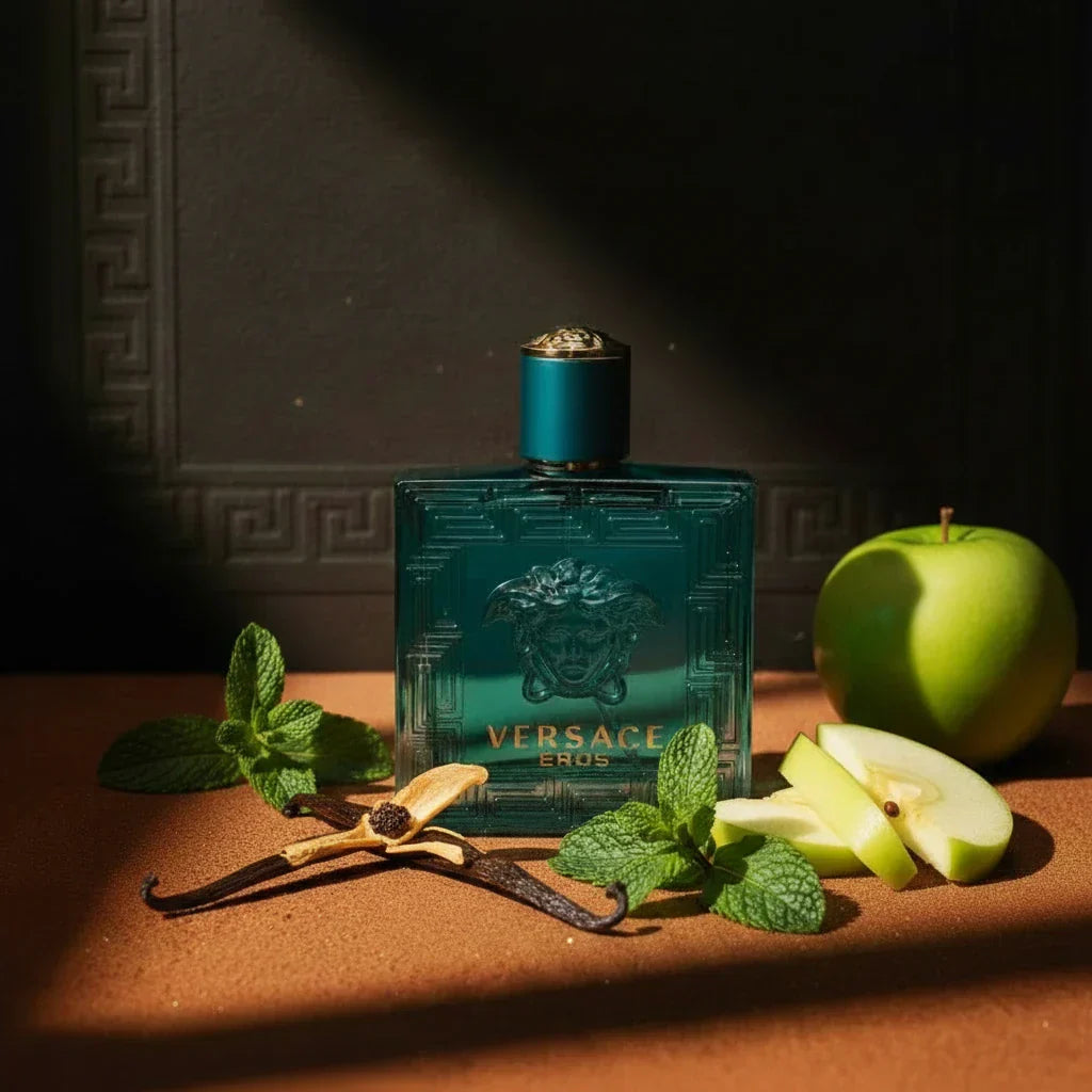 Versace Eros bottle on moody stone surface