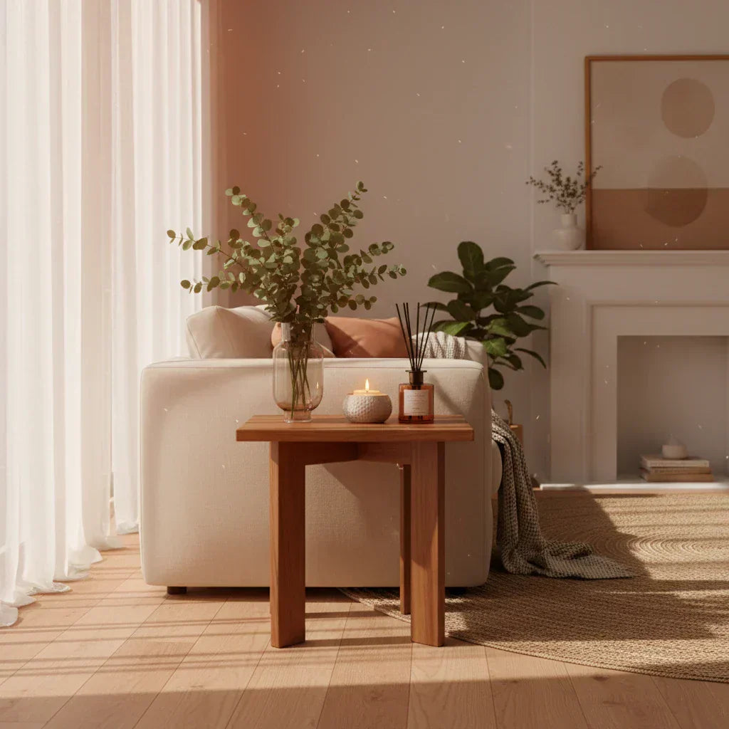 Natural home fragrance flat lay with essential oils, botanicals and diffuser — how to make your home smell good naturally