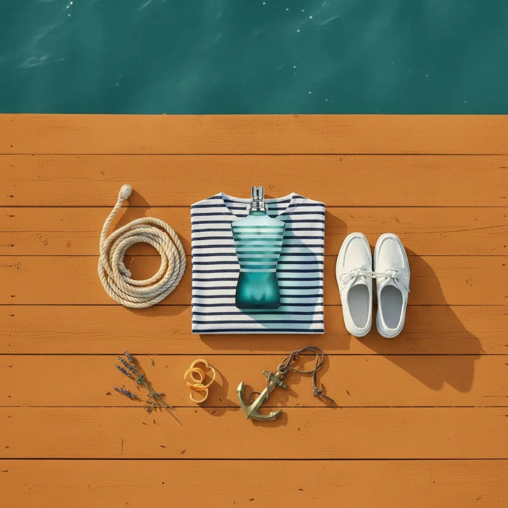 Jean Paul Gaultier Le Male bottle on orange dock flat lay