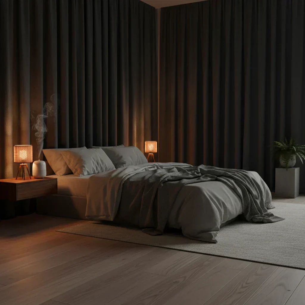 Calm, dark bedroom sanctuary styled for sleep with soft lighting and natural textiles — perfect sleep environment guide