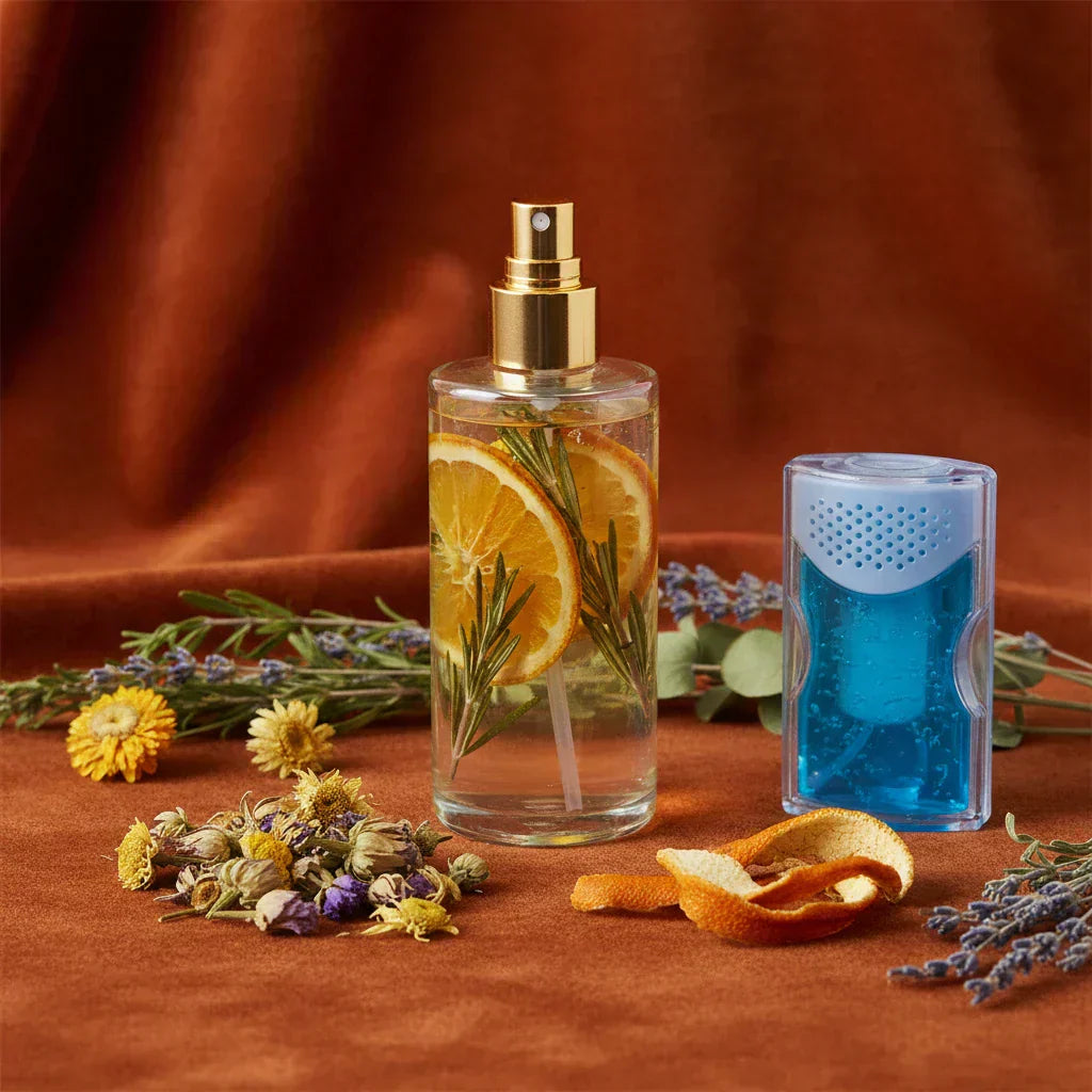 Natural room spray bottle alongside a commercial air freshener — comparing botanical and synthetic home fragrance