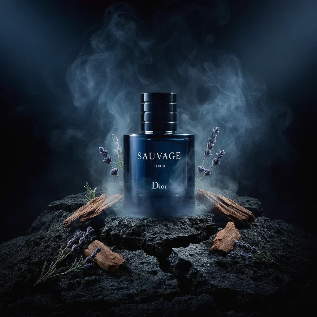 Dior Sauvage Elixir bottle against volcanic dark background