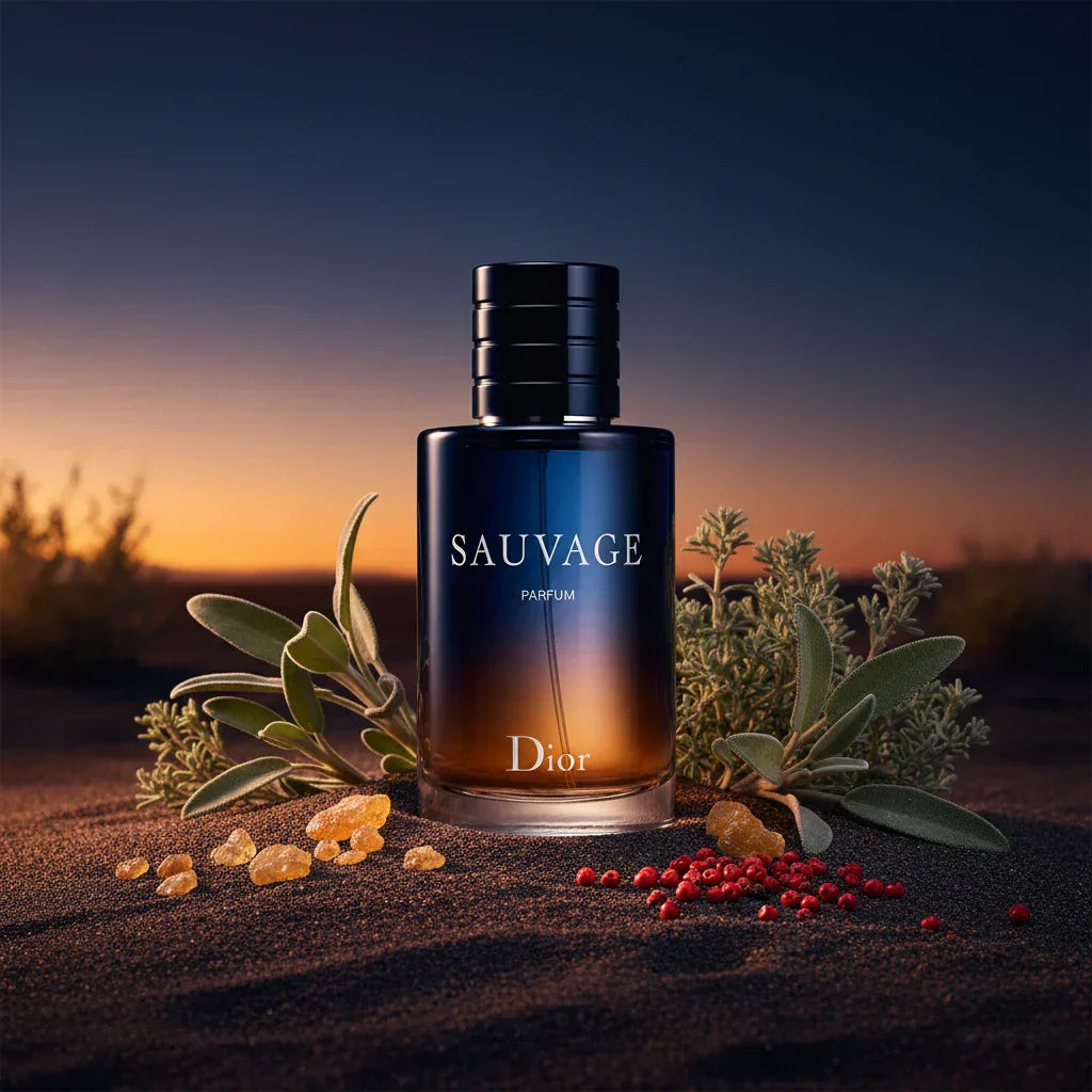 Dior Sauvage Parfum bottle at desert dusk