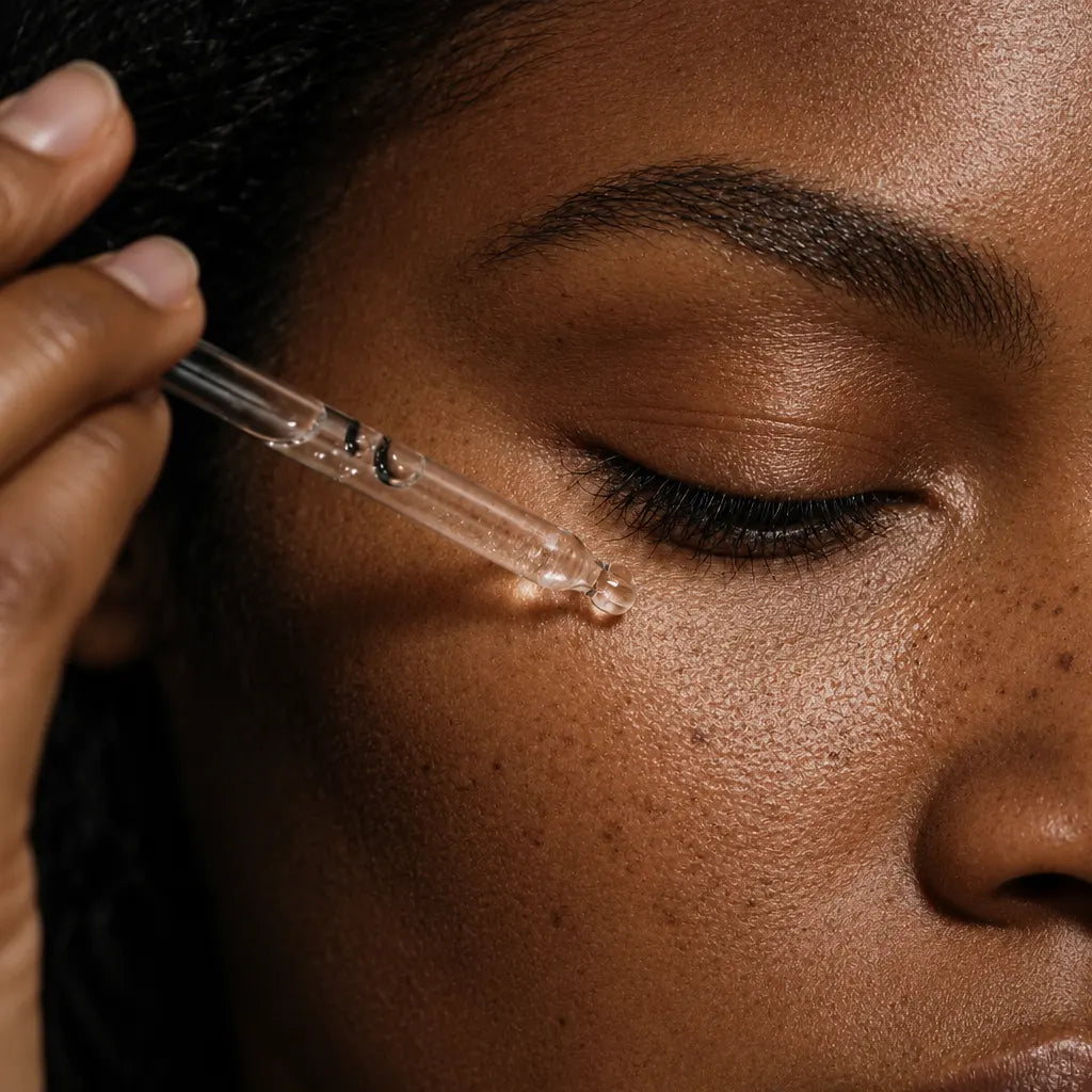 Close-up of a woman with her eye closed applying a clear serum droplet to her cheek with a glass pipette.