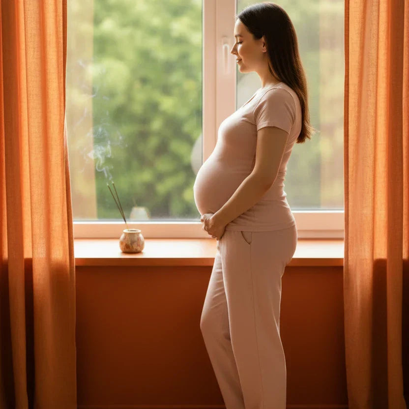 Pregnant woman using aromatherapy safely with essential oils and a diffuser by a sunlit window