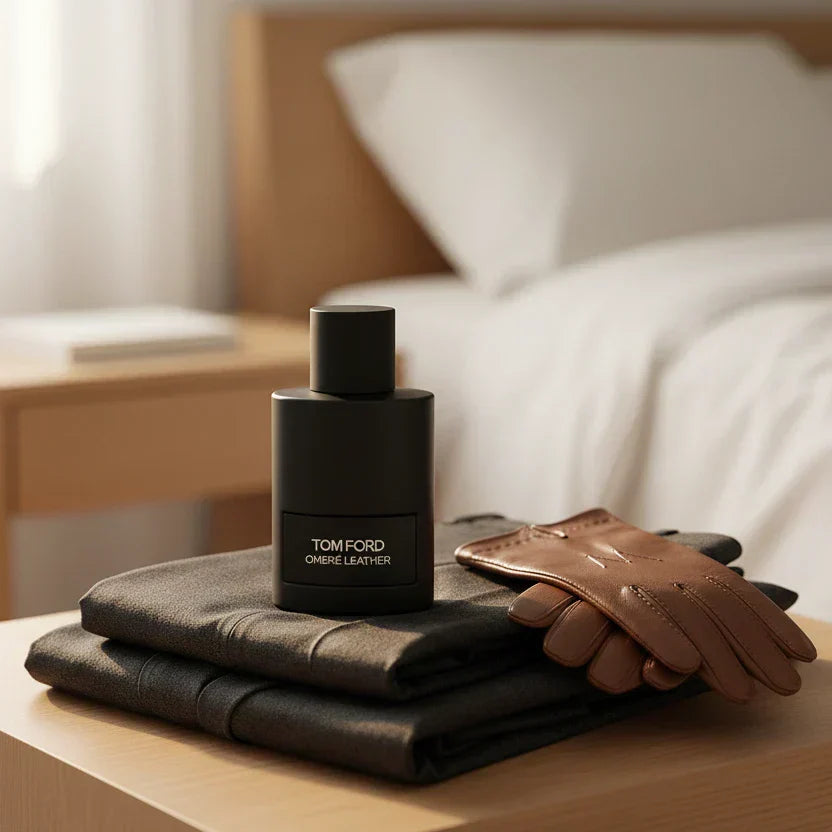 Tom Ford Ombré Leather bottle in bedside editorial setting