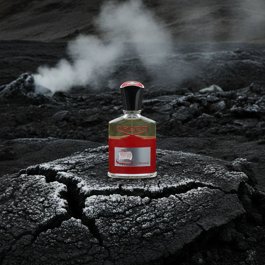 Creed Viking bottle against volcanic frost background