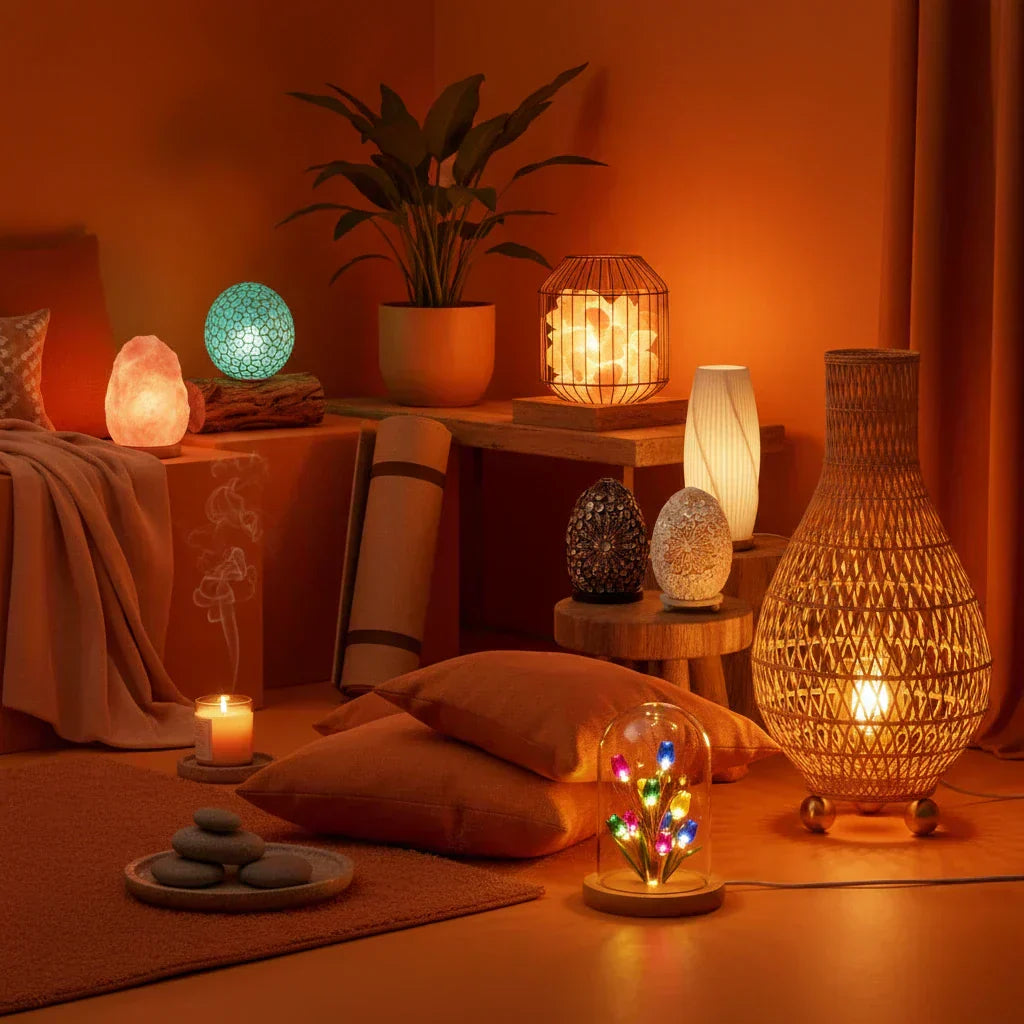 A warm wellness room styled with a collection of organic lamps including Himalayan salt, rattan, coconut shell and floral dome lights.