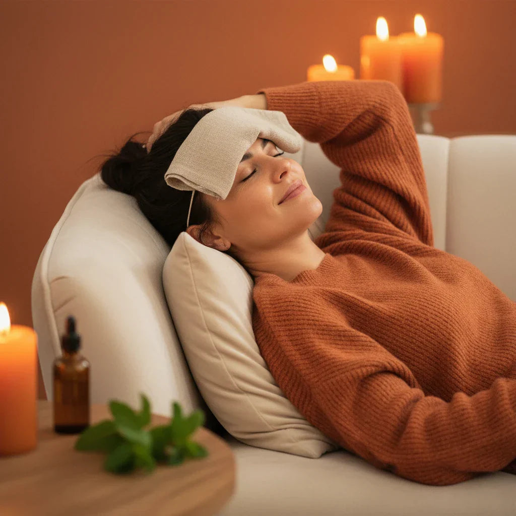Woman resting with a cold compress on her forehead using essential oils for headache and migraine relief