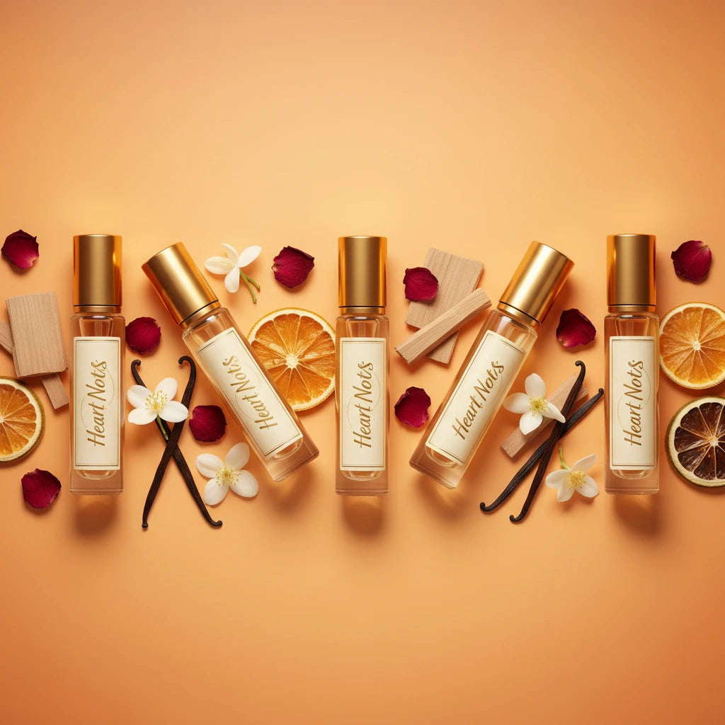 Row of perfume bottles with vanilla beans, flowers, and oranges on a warm orange background