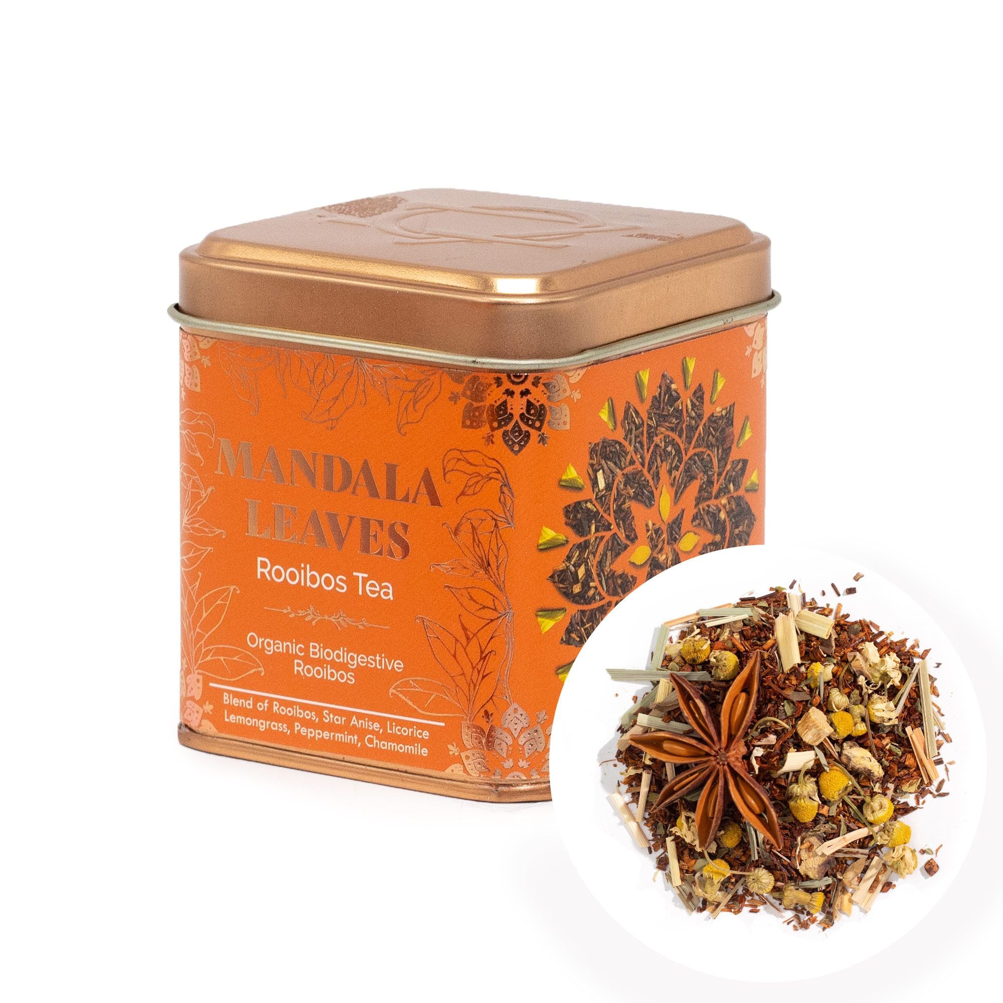 Orange tea canister labeled 'Mandala Leaves' with a small inset showing tea leaves.
