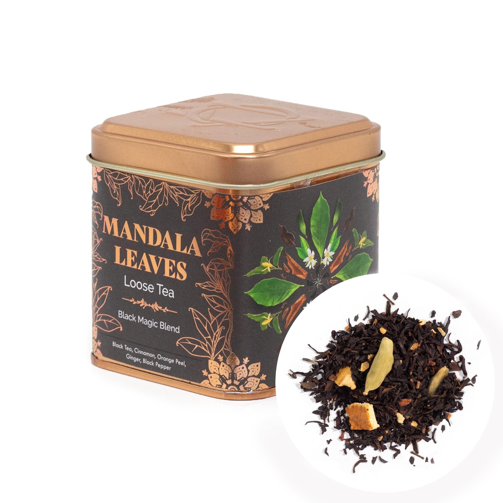 Tea canister labeled 'Mandala Leaves' with loose tea leaves on a white background