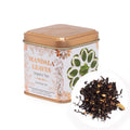 Tea canister labeled 'Mandala Leaves' with tea leaves on a white background