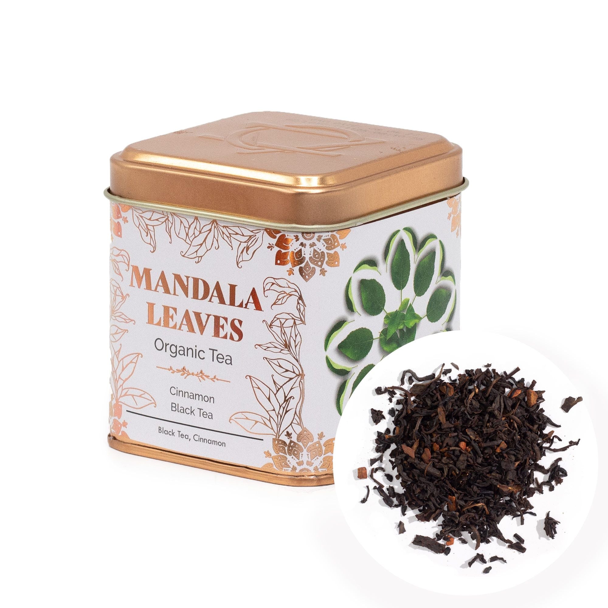 Tea canister labeled 'Mandala Leaves' with tea leaves on a white background