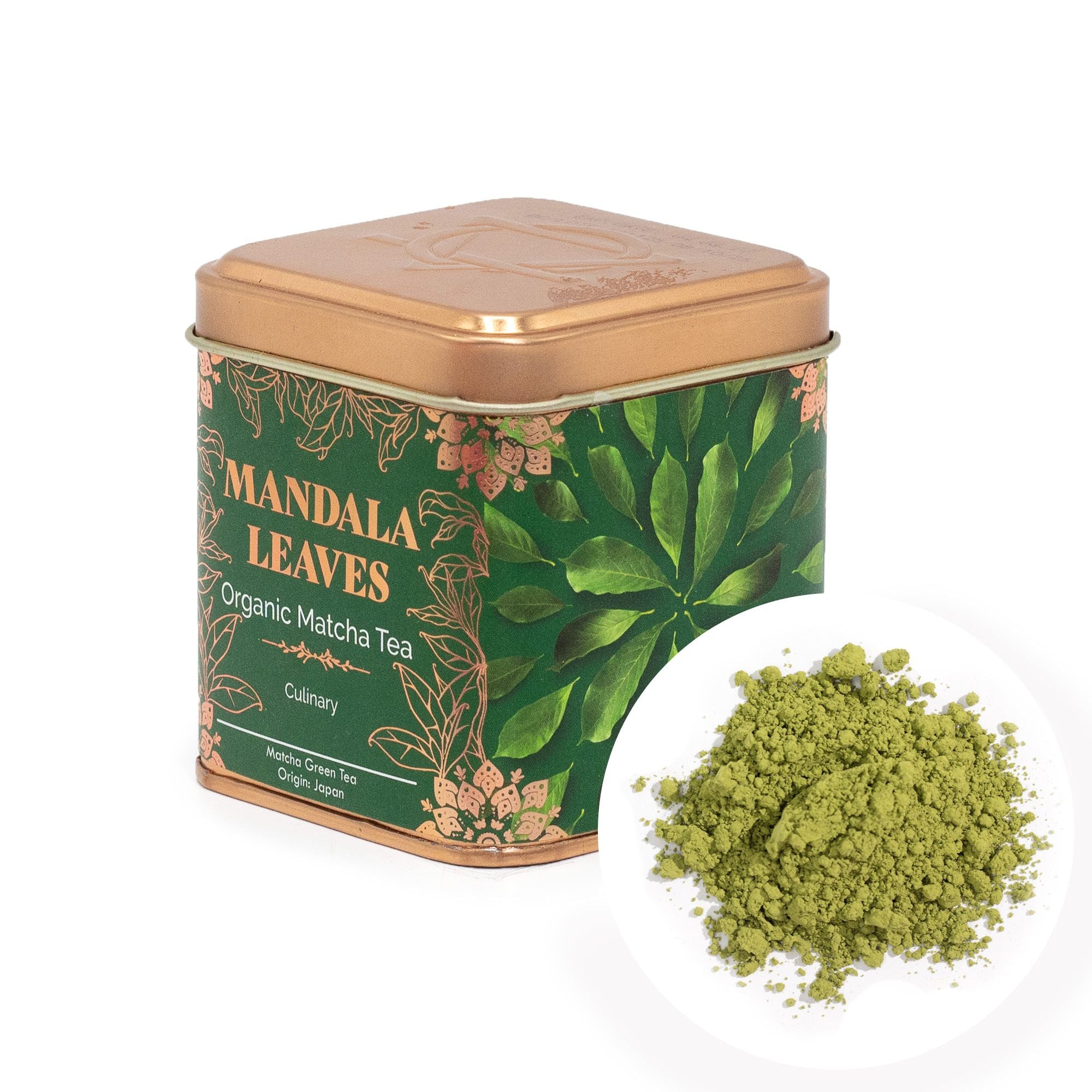 Mandala Leaves Organic Matcha Tea canister with matcha powder on a white background
