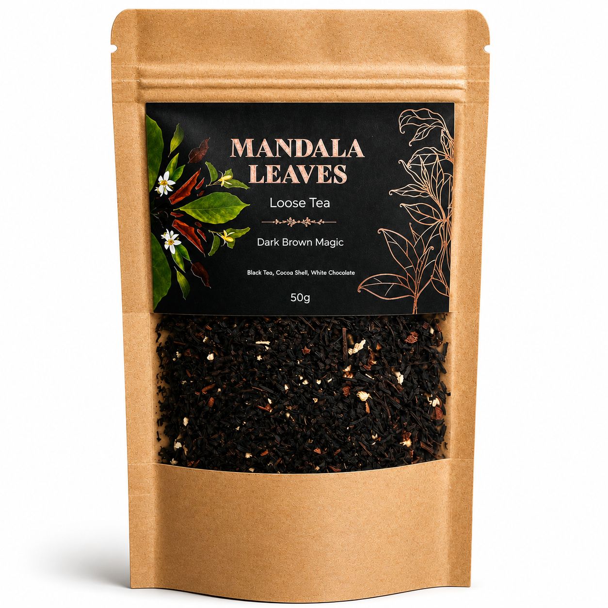 Kraft paper tea bag with 'Mandala Leaves' label and visible tea leaves inside.