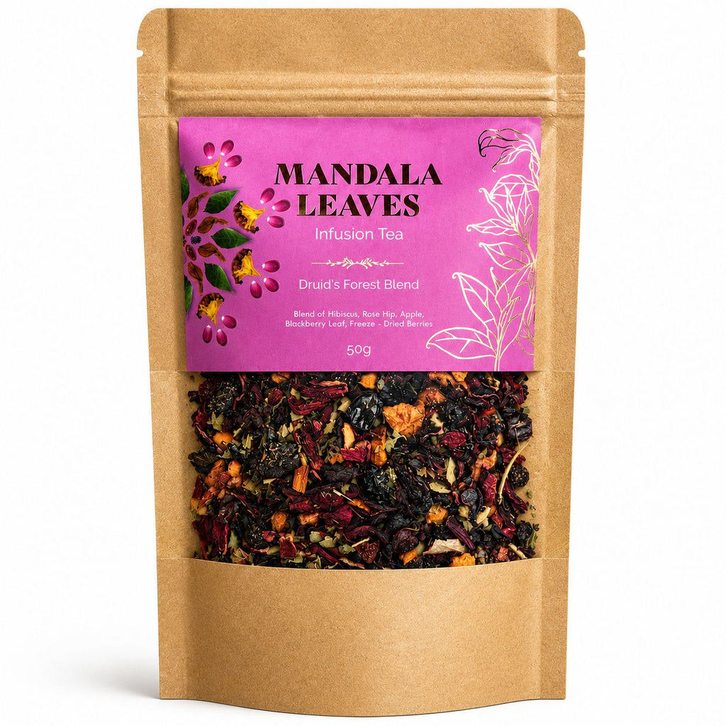 Tea package with pink label and visible tea leaves on a white background