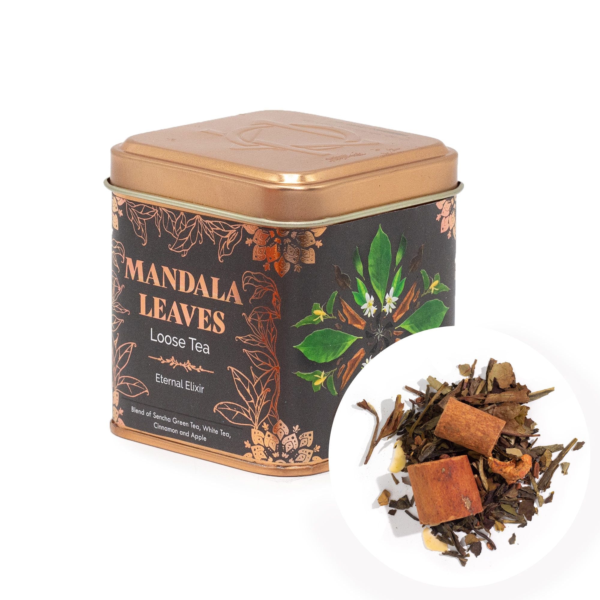 Tea canister labeled 'Mandala Leaves' with loose tea leaves displayed on a white background