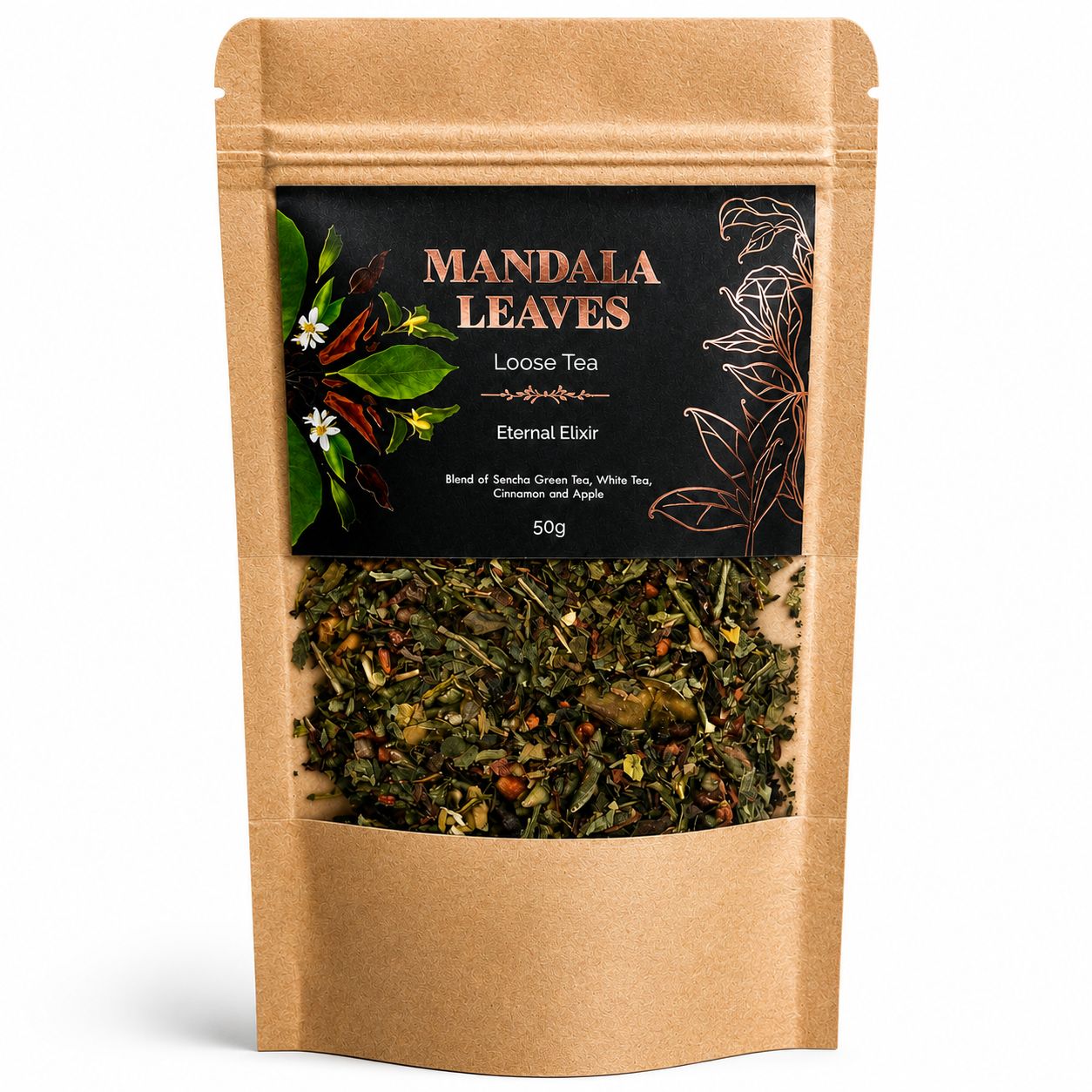 Mandala Leaves loose tea package on a white background