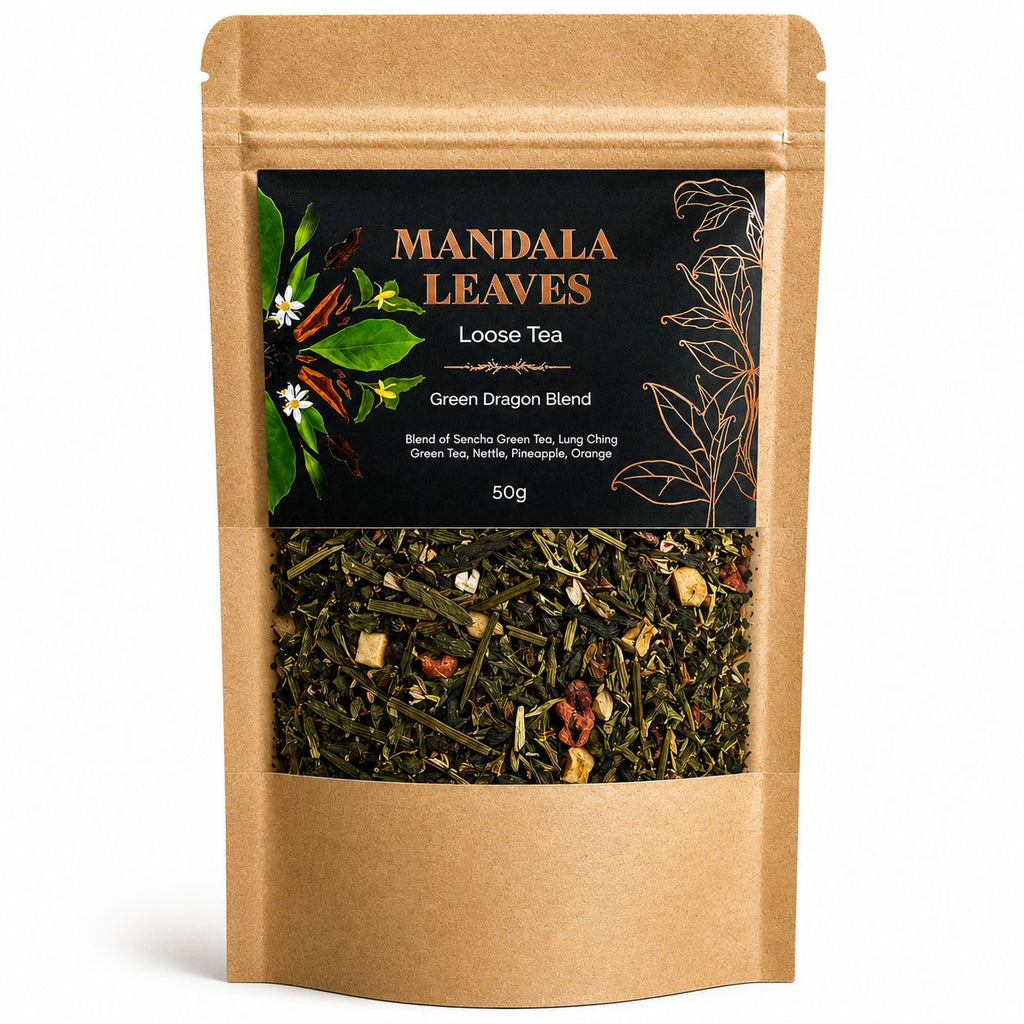 Mandal Leaves loose tea package with visible tea leaves on a white background