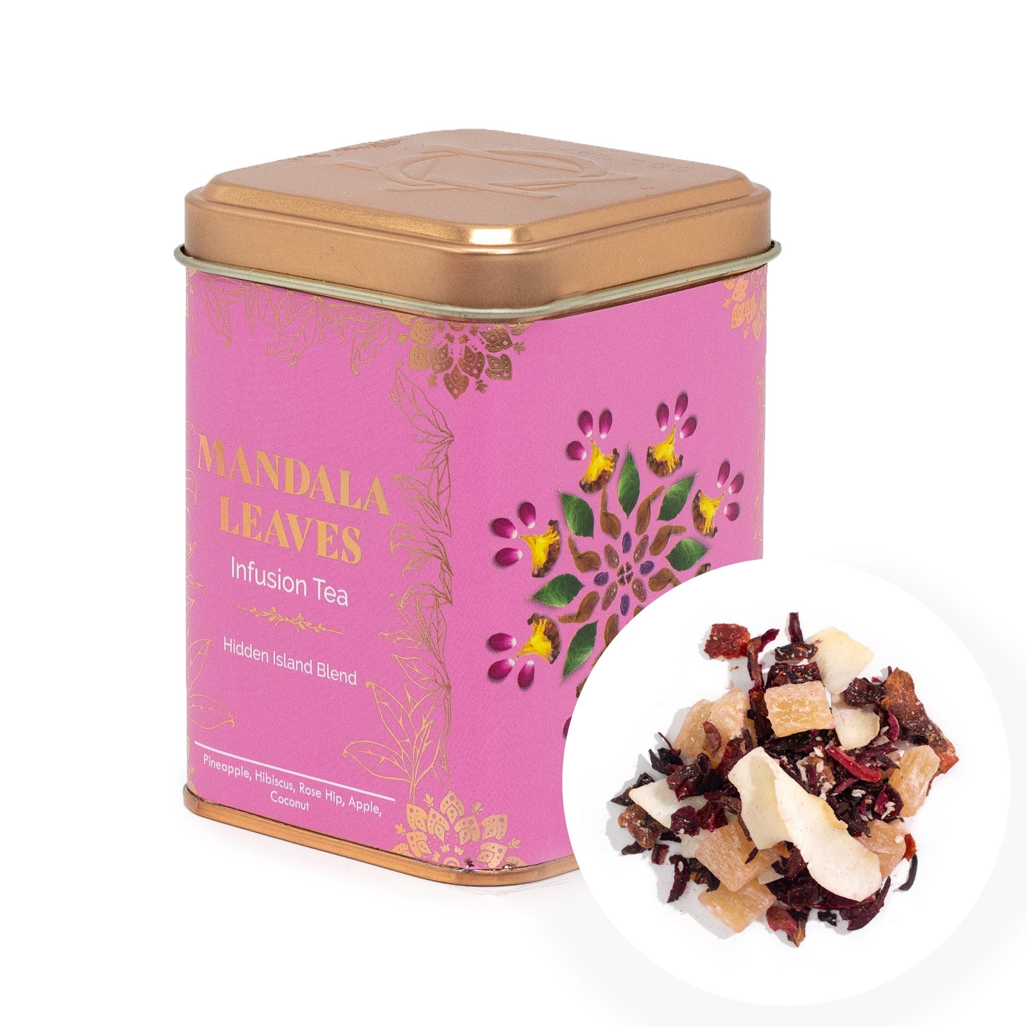 Pink tea canister labeled 'Mandala Leaves' with a wooden lid, featuring floral designs.